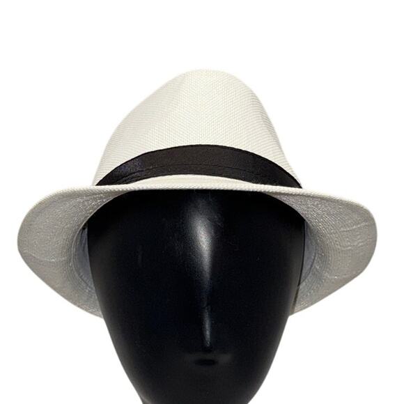 Unbranded Accessories - White Trilby Fedora Hat 22" Panama Style 1920s Inspired Black Band Polyester